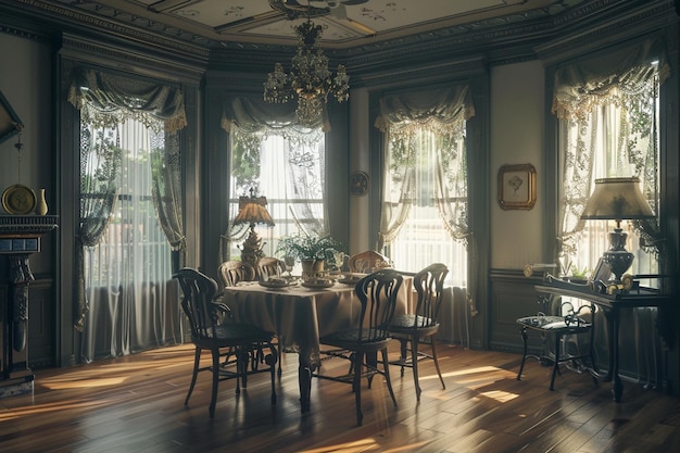 Foto comedor de inspiración victoriana con cortinas de encaje