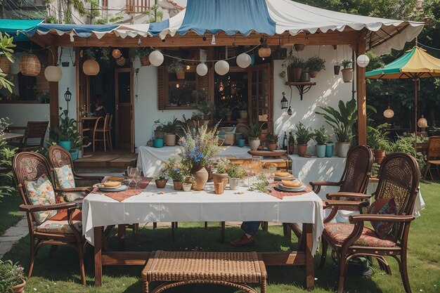 Comedor en un jardín bohemio con exuberante follaje, asientos eclécticos y boho chic