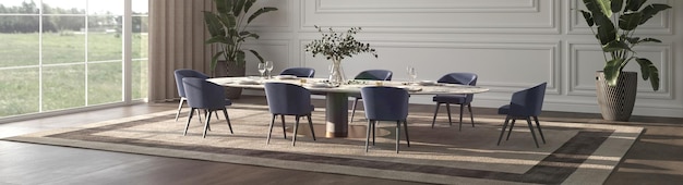 Comedor de lujo con luz solar y paneles clásicos ilustración de renderizado 3d diseño interior beige