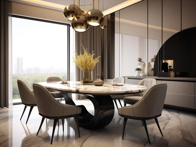 Comedor de lujo con mesa de mármol sillas afelpadas y decoración elegante luz natural IA generativa