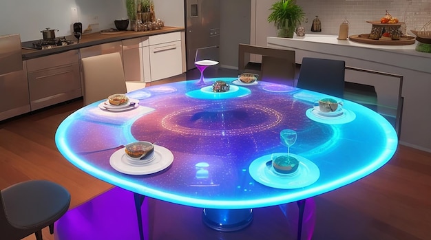 Un comedor con una mesa de chef holográfica