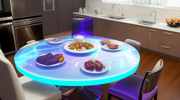 Un comedor con una mesa de chef holográfica