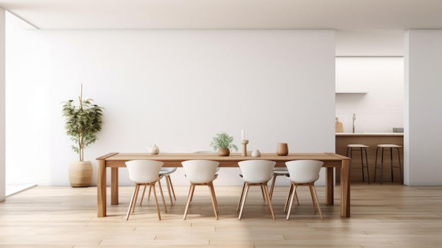 Un comedor con una mesa de madera y sillas blancas.