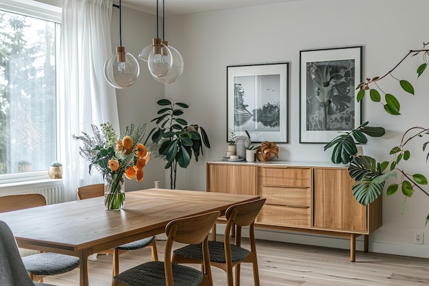 Un comedor con una mesa de madera y sillas