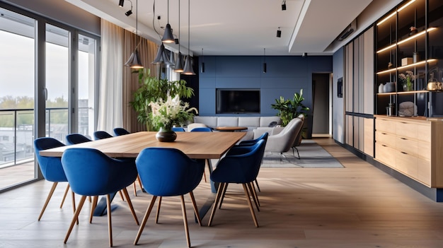 Comedor con mesa de madera y suelo de sillas azules.
