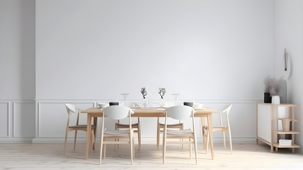 Un comedor con una mesa y sillas blancas y una pared blanca con un corredor blanco.