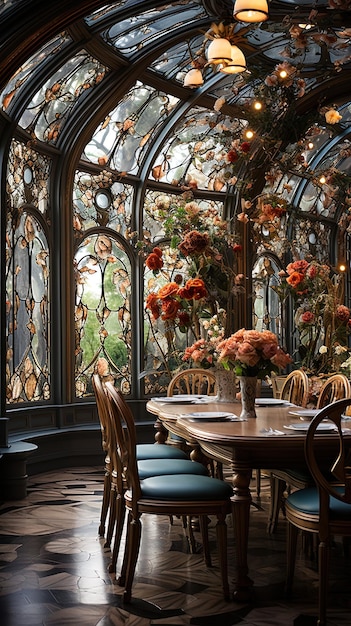 un comedor con una mesa y sillas con flores en él