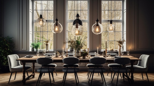 Un comedor con una mesa y sillas y luz colgante