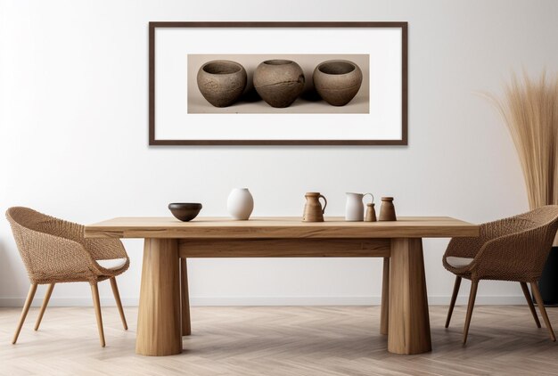 Un comedor con mesa y sillas de madera y un cuadro enmarcado de tres macetas.