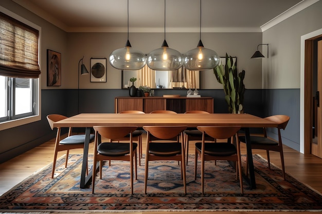 Un comedor con una mesa y sillas de madera y un mural al costado.