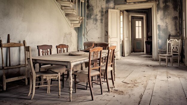 Un comedor con una mesa y sillas en medio.