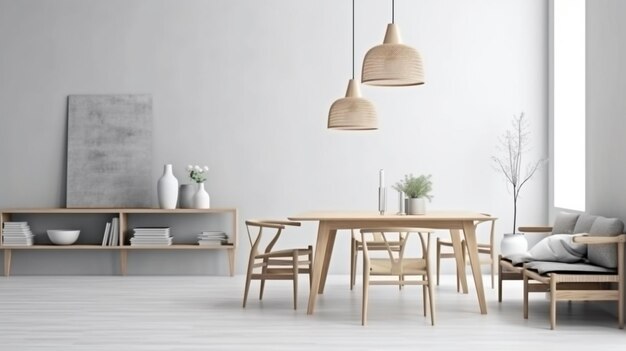 Un comedor con mesa y sillas y una pared con un jarrón de flores.