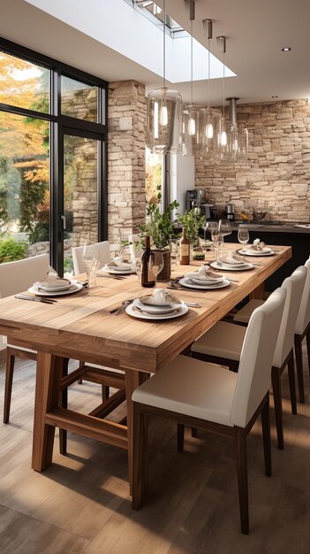 un comedor con una mesa y sillas con una pared de piedra