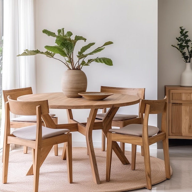 Un comedor con mesa y sillas y una planta en la pared.