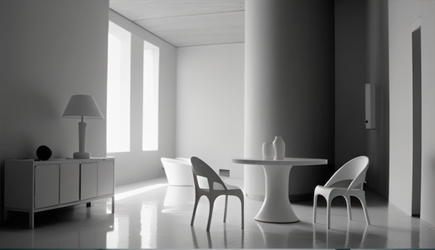 Foto comedor minimalista en blanco y negro con un concepto de diseño interior limpio con luz natural