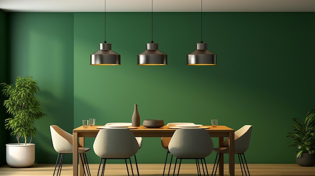 Comedor minimalista con fondo de pared verde