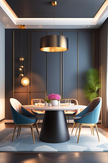Comedor moderno 3d y sala de estar con decoración de lujo.
