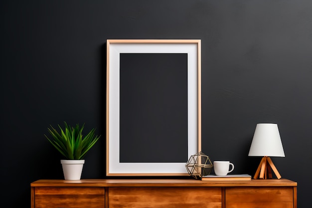 En un comedor moderno con diseño interior escandinavo cuelga un marco de cartel de maqueta en blanco