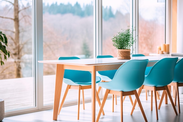 En un comedor moderno con diseño interior escandinavo, sillas azules rodean una mesa de comedor de madera.