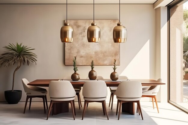 Comedor moderno con diseño interior minimalista luces colgantes de bronce contra la pared de estuco beige