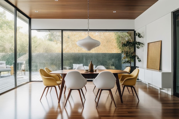 Comedor moderno de mediados de siglo con elegantes mesas y sillas minimalistas