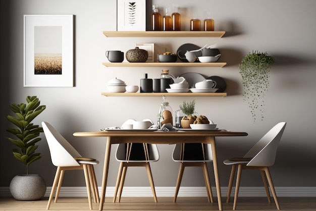 Comedor moderno con mesa de madera y estanterías IA generativa