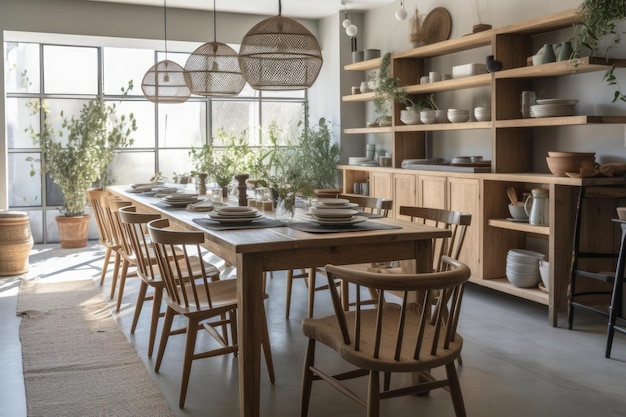 Comedor moderno con mesa y sillas minimalistas IA Generativa