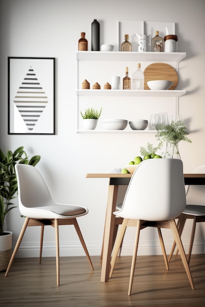 Foto comedor moderno con paredes blancas y estantes ia generativa
