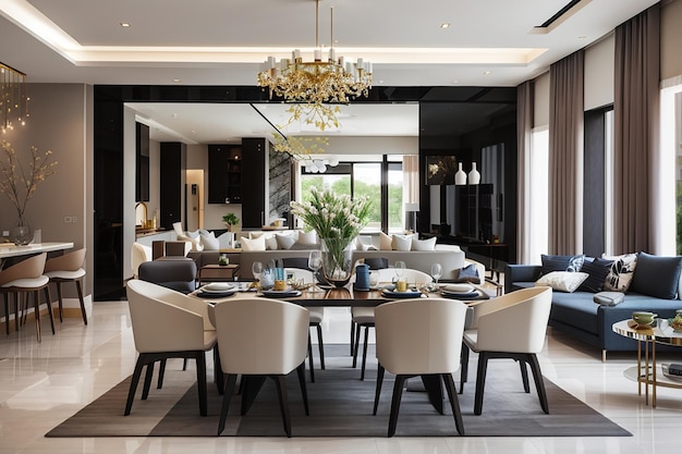 Comedor moderno y sala de estar con decoración de lujo
