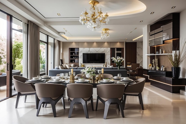 Comedor moderno y sala de estar con decoración de lujo