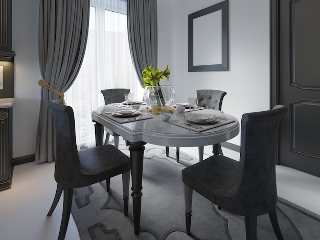 Comedor negro de lujo con muebles oscuros, piso de mármol blanco y luz natural, renderizado 3d