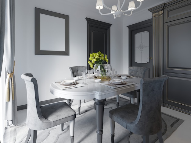 Comedor negro de lujo con muebles oscuros, piso de mármol blanco y luz natural, renderizado 3d