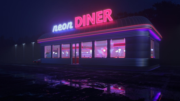 Comedor de neón y coche retro a altas horas de la noche Lluvia de niebla y referencia de color