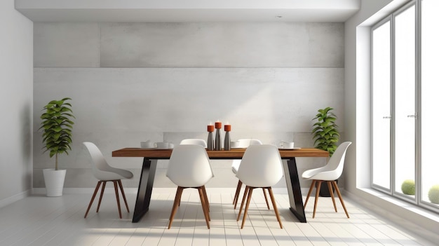 Un comedor con una pared blanca y una mesa de madera con sillas y una planta encima.