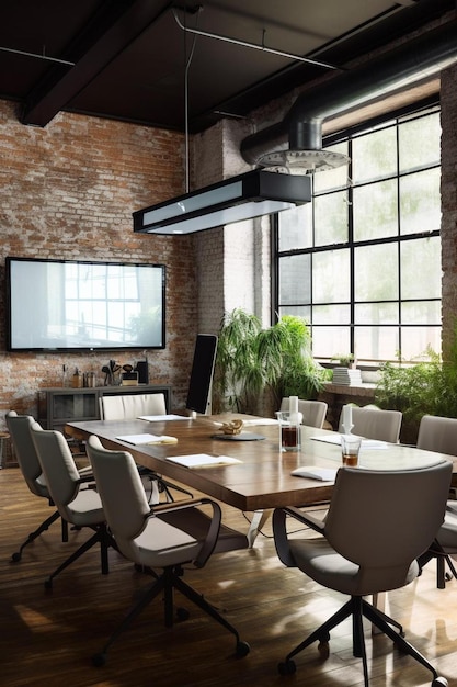 Foto un comedor con una pared de ladrillo y una gran ventana