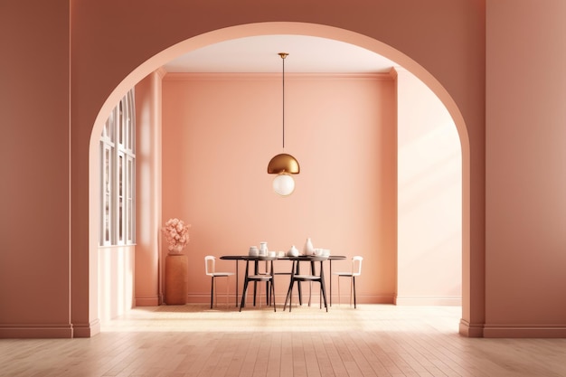 Un comedor con una pared rosa y una mesa redonda de la que cuelga una lámpara dorada.