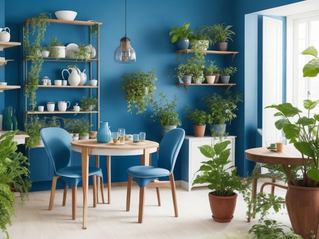 un comedor con paredes azules y pisos blancos la habitación está decorada con muebles de madera
