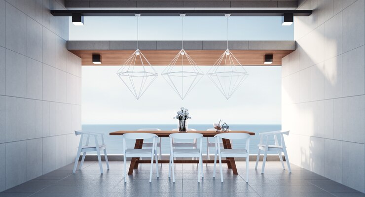 Comedor de playa en vista al mar / renderizado 3d