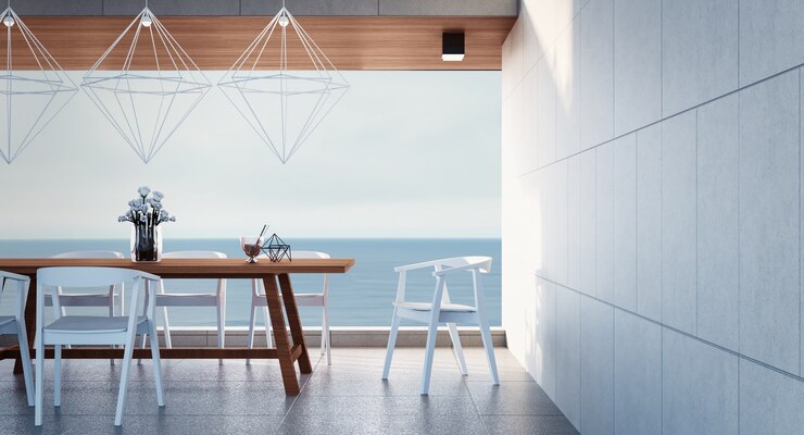Comedor de playa en vista al mar / renderizado 3d