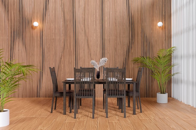 Comedor renderizado en 3d con piso de madera y panel de madera decorativo