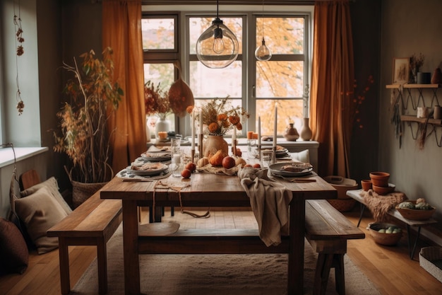 Un comedor rústico con decoraciones de bricolaje, telas naturales y colores cálidos creados con aire generativo.