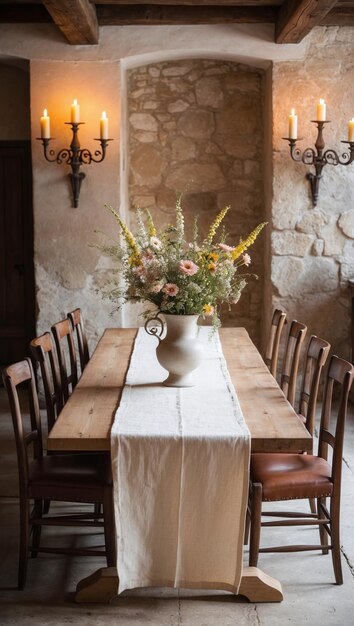 Comedor rústico con flores frescas y larga mesa de madera