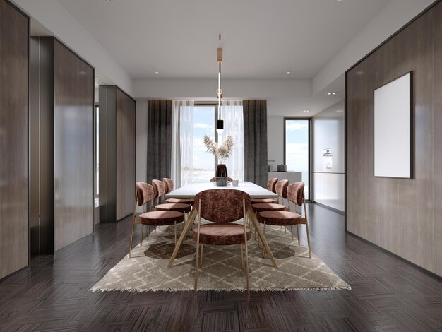 Comedor con sillas rojas y una mesa blanca con patas doradas en un interior contemporáneo