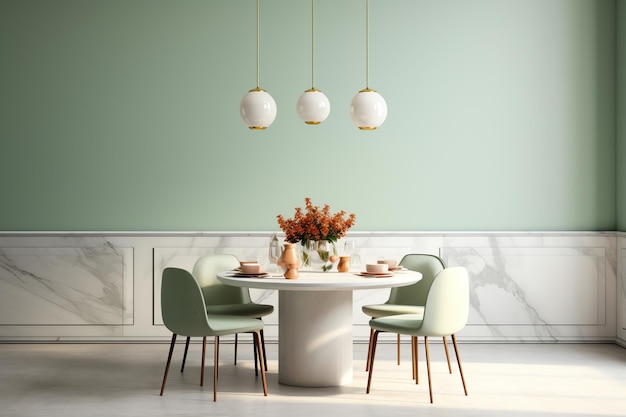 Un comedor con sillas verdes y una pared de mármol blanco.