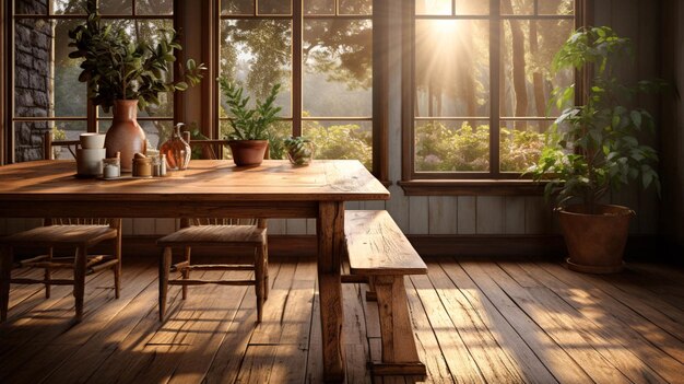 Un comedor con suelo de madera y una mesa.