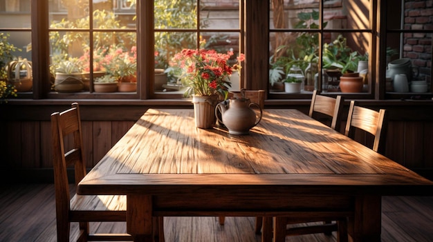 Un comedor con suelo de madera y una mesa.