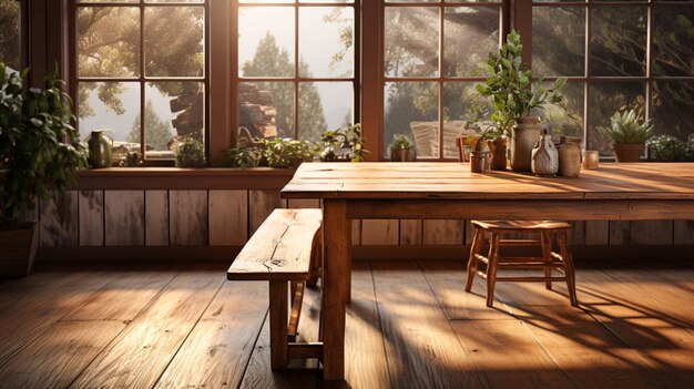 Un comedor con suelo de madera y una mesa.