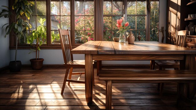 Un comedor con suelo de madera y una mesa.