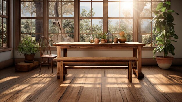 Un comedor con suelo de madera y una mesa.