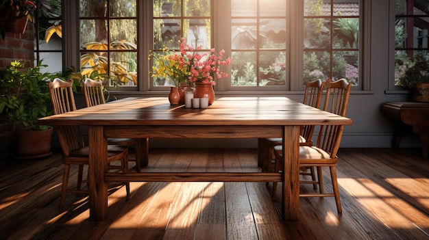 Un comedor con suelo de madera y una mesa.